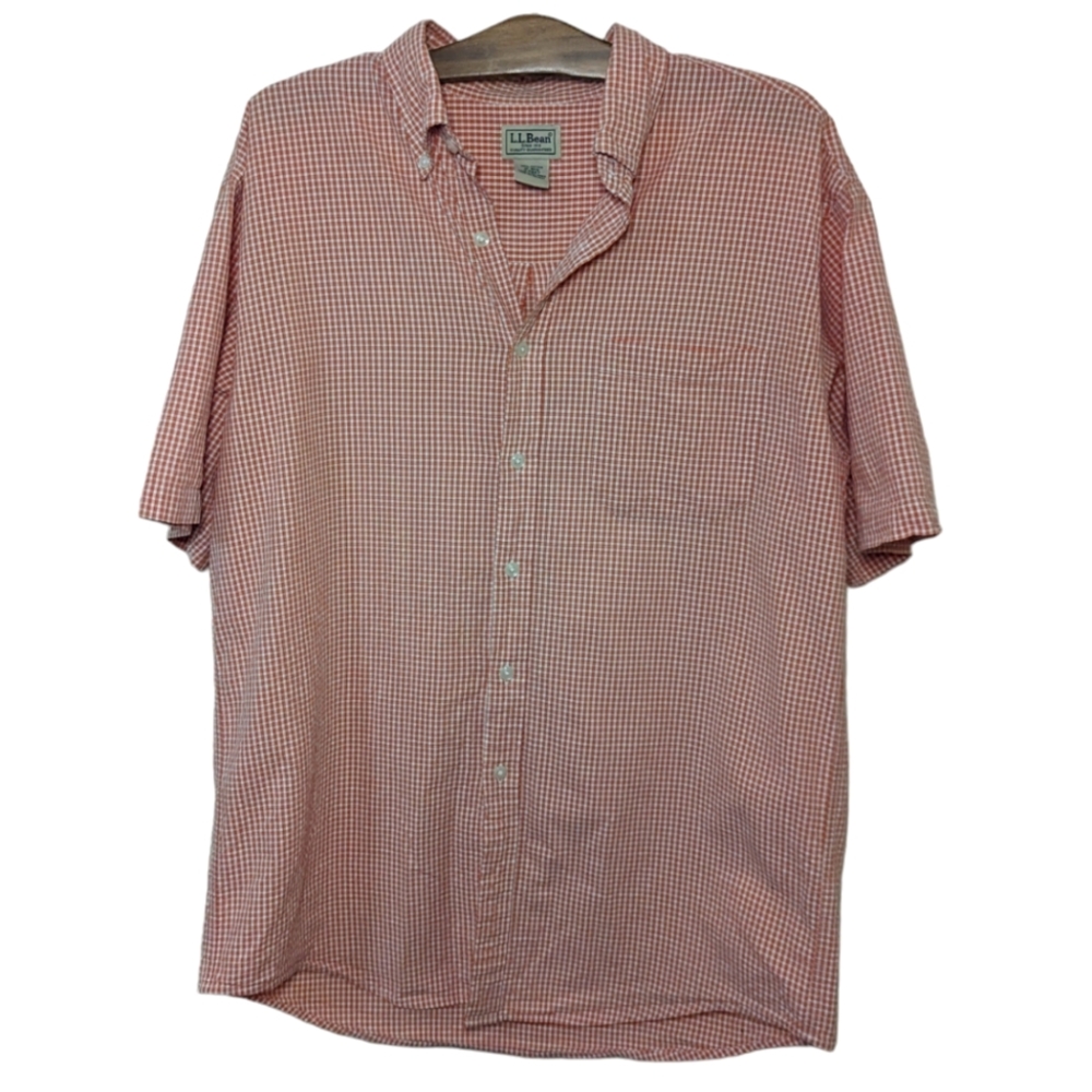 100% Cotton L. L. Bean Orange Check Short Sleeve Button Up Lightweight Shirt